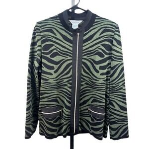 Misook Knit Blazer Women's Size Large Green Zebra Print Full Zip Jacket Y2K